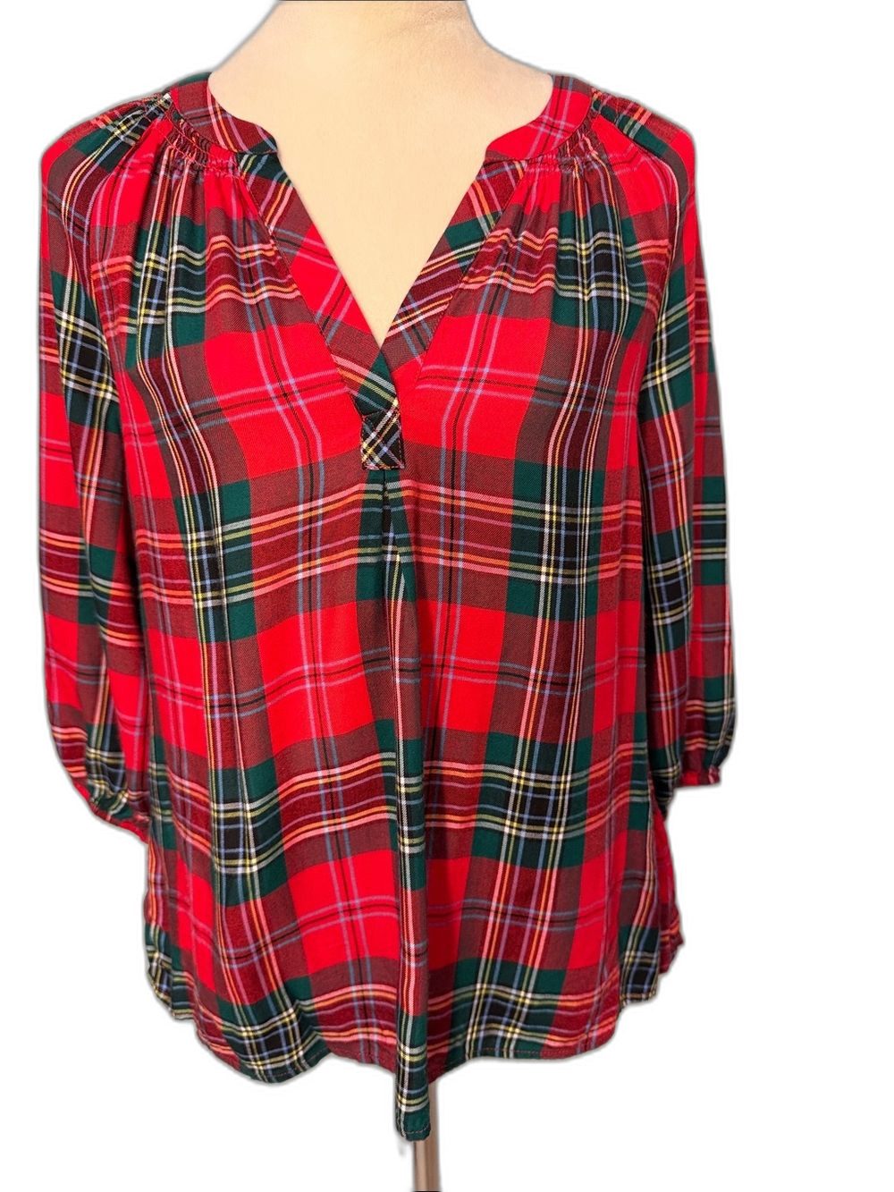 Crown and Ivy V-Neck holiday plaid blouse Size S oversized